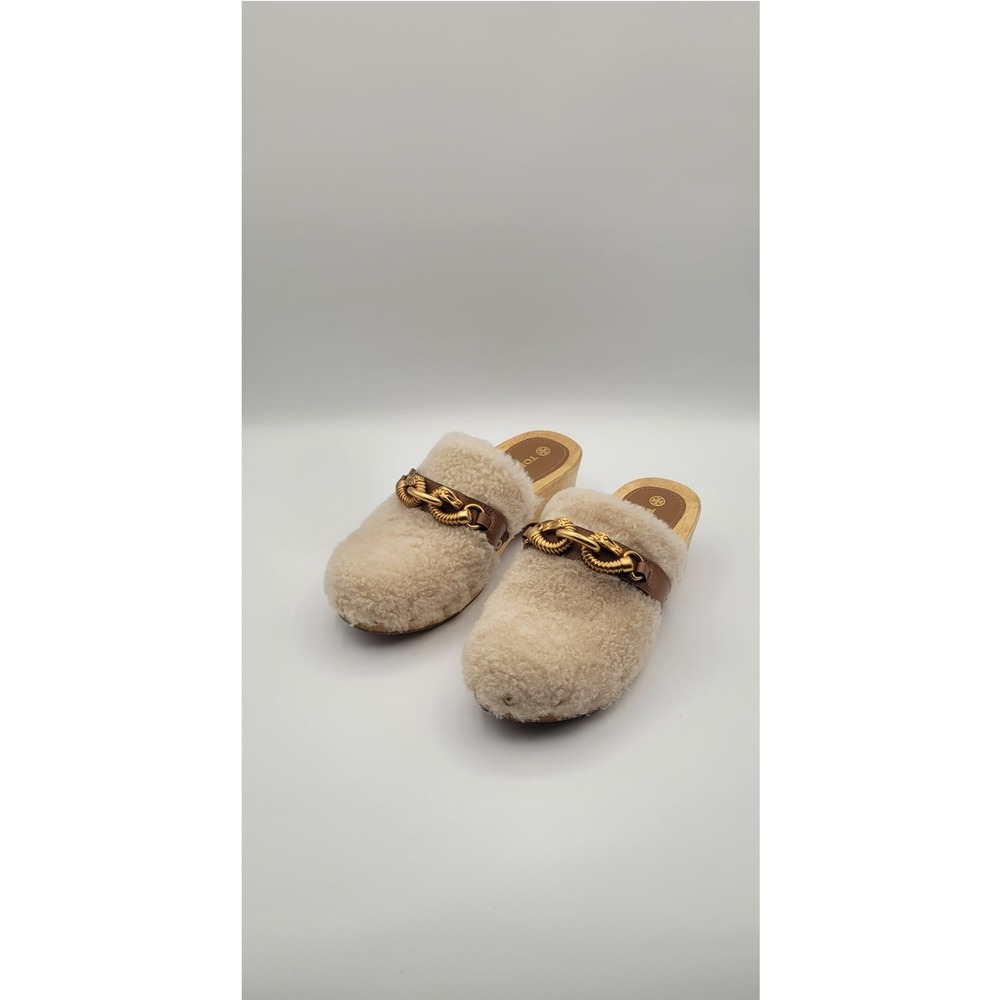 Tory Burch Jessa Shearling Clogs 6.5M Ivory Wood Mule Horse Head Hardware Shoes